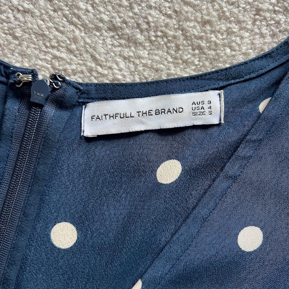 Faithfull the Brand Navy Blue Vintage Fresa White Polka Dot Dress Size 4 - Picture 10 of 12